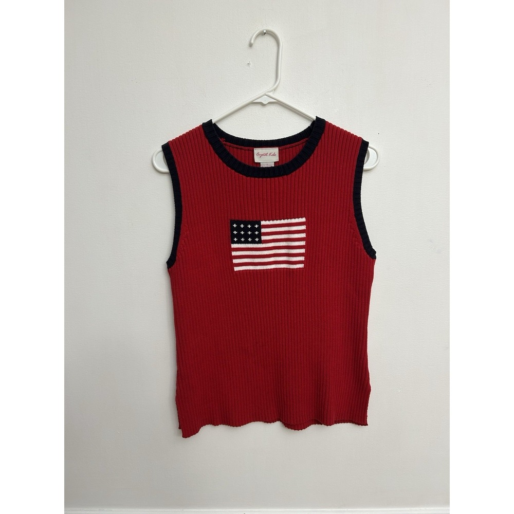 Vtg Crystal Kobe Sleeveless Sweater Women's L USA Red American Flag Patriotic